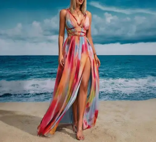 Womens Dresses 2025 Summer New Fashin Tie Dye Print V-Neck Sleeveless Sexy High Slit Backless Beach Vacation Casual Long Dress
Womens Dresses 2025 Summer New Fashin Tie Dye Print V-Neck Sleeveless Sexy High Slit Backless Beach Vacation Casual Long Dress