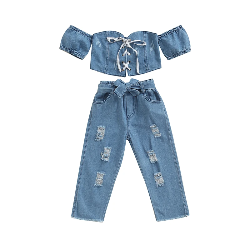 Kid Girl Denim Outfits Sets Off Shoulder Short Sleeve Lacing Crop Tops with Ripped Jeans
Kid Girl Denim Outfits Sets Off Shoulder Short Sleeve Lacing Crop Tops with Ripped Jeans