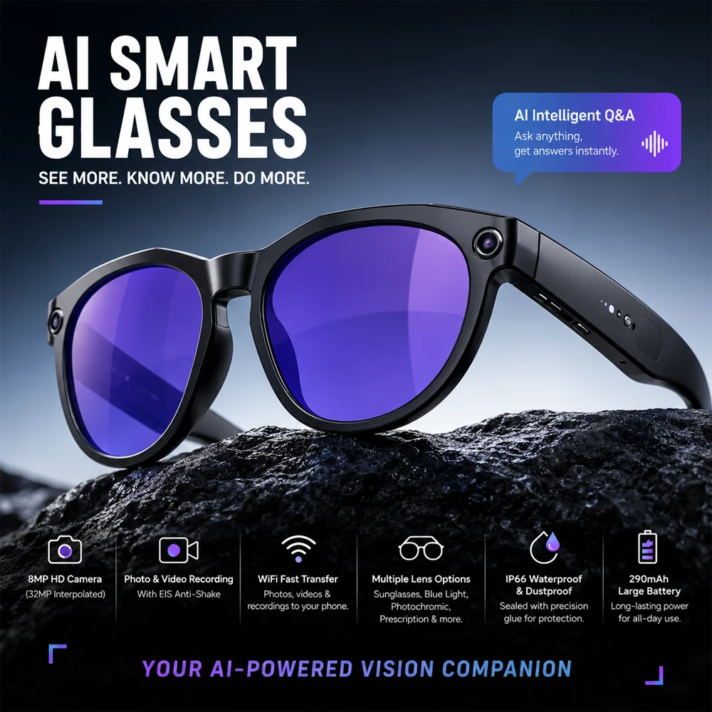 Bluetooth Calling Photo Smart Glasses With New AI Object Recognition 800W Pixel Video Recording Over 100 Languages Translation
Bluetooth Calling Photo Smart Glasses With New AI Object Recognition 800W Pixel Video Recording Over 100 Languages Translation