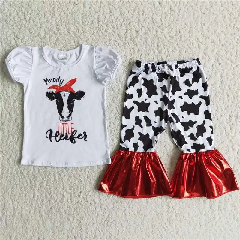2022 RTS Wholesale Hot Selling White Bullhead Short Sleeve Shirt Cow Pattern Print Red Bell Bottoms Baby Clothes Boutique Sets
2022 RTS Wholesale Hot Selling White Bullhead Short Sleeve Shirt Cow Pattern Print Red Bell Bottoms Baby Clothes Boutique Sets