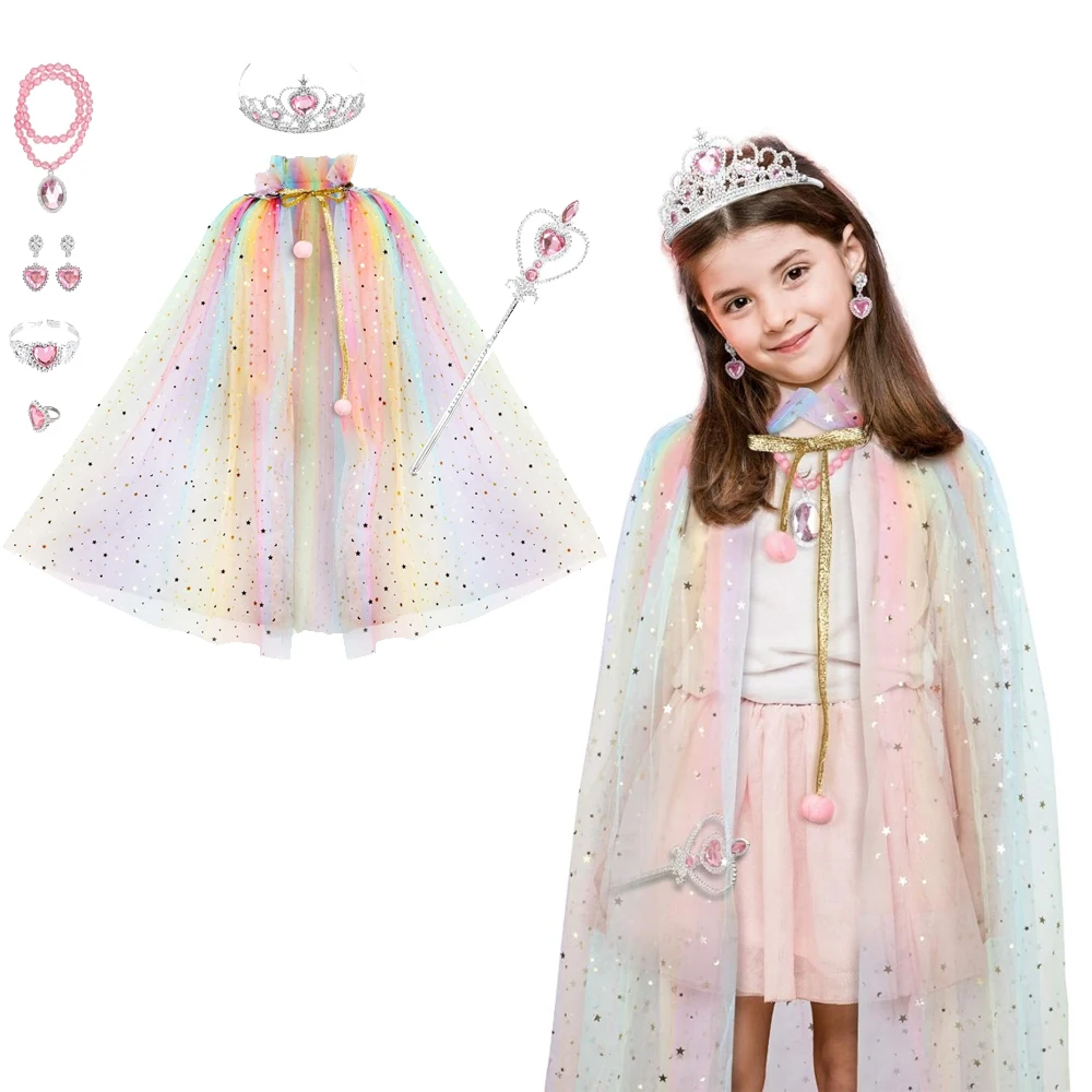 Princess Cape Set Dress Up Clothes for Little Girls Party Cosplay Cloak with Jewelry Tiara Crown Wand Bracelet Necklace Rainbow
Princess Cape Set Dress Up Clothes for Little Girls Party Cosplay Cloak with Jewelry Tiara Crown Wand Bracelet Necklace Rainbow