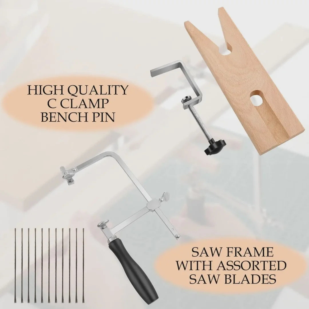 PHYHOO 3-in-1 Adjustable Jeweler's Saw Set with12 Blades and Wood Bench Pin Clamp Metal Wood Crafting Tools for Jewelry Making
PHYHOO 3-in-1 Adjustable Jeweler's Saw Set with12 Blades and Wood Bench Pin Clamp Metal Wood Crafting Tools for Jewelry Making 