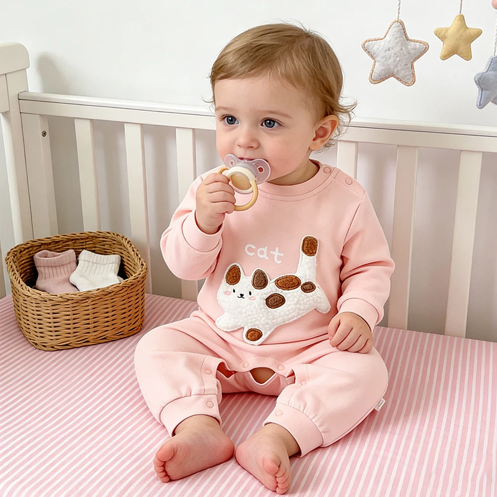 New Baby Girl Pink Long Sleeve Jumpsuit with 3D Cat Decoration Cute Open Button Design for Spring And Autumn
New Baby Girl Pink Long Sleeve Jumpsuit with 3D Cat Decoration Cute Open Button Design for Spring And Autumn
