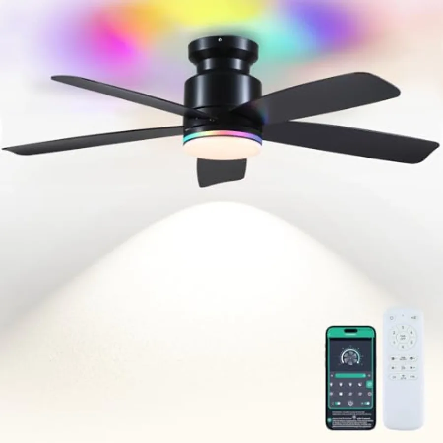 Flush Mount Ceiling Fans with Lights, 5 Blades Reversible, 6-Speed 2H Timer, RGB and 3 CCT Dimmable, Remote and APP Control for
Flush Mount Ceiling Fans with Lights, 5 Blades Reversible, 6-Speed 2H Timer, RGB and 3 CCT Dimmable, Remote and APP Control for