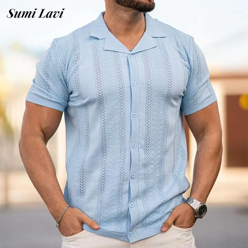 2025 Summer Casual Mens Knitted Shirts Short Sleeve Lapel Buttoned Hollow Out Shirt For Men Fashion Striped Knitting Cardigans
2025 Summer Casual Mens Knitted Shirts Short Sleeve Lapel Buttoned Hollow Out Shirt For Men Fashion Striped Knitting Cardigans