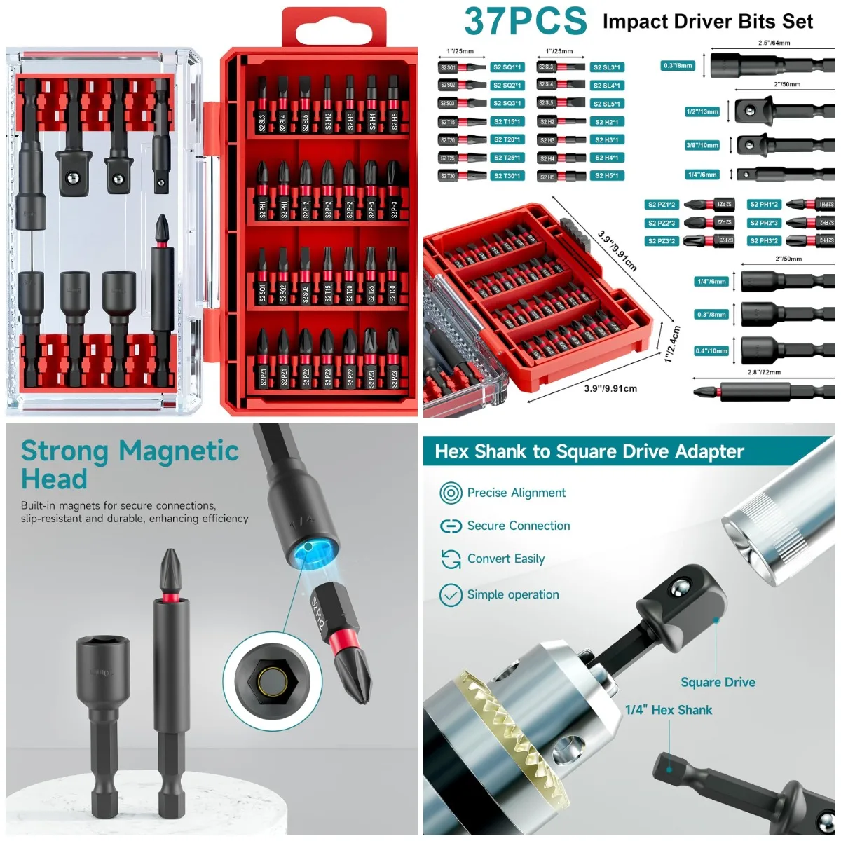36Pcs Impact Driver Bits Set with Storage Case, 28 Magnetic Bits, 5 Sockets, 3 Adapters, 1/4' Hex for Power Drills
36Pcs Impact Driver Bits Set with Storage Case, 28 Magnetic Bits, 5 Sockets, 3 Adapters, 1/4' Hex for Power Drills