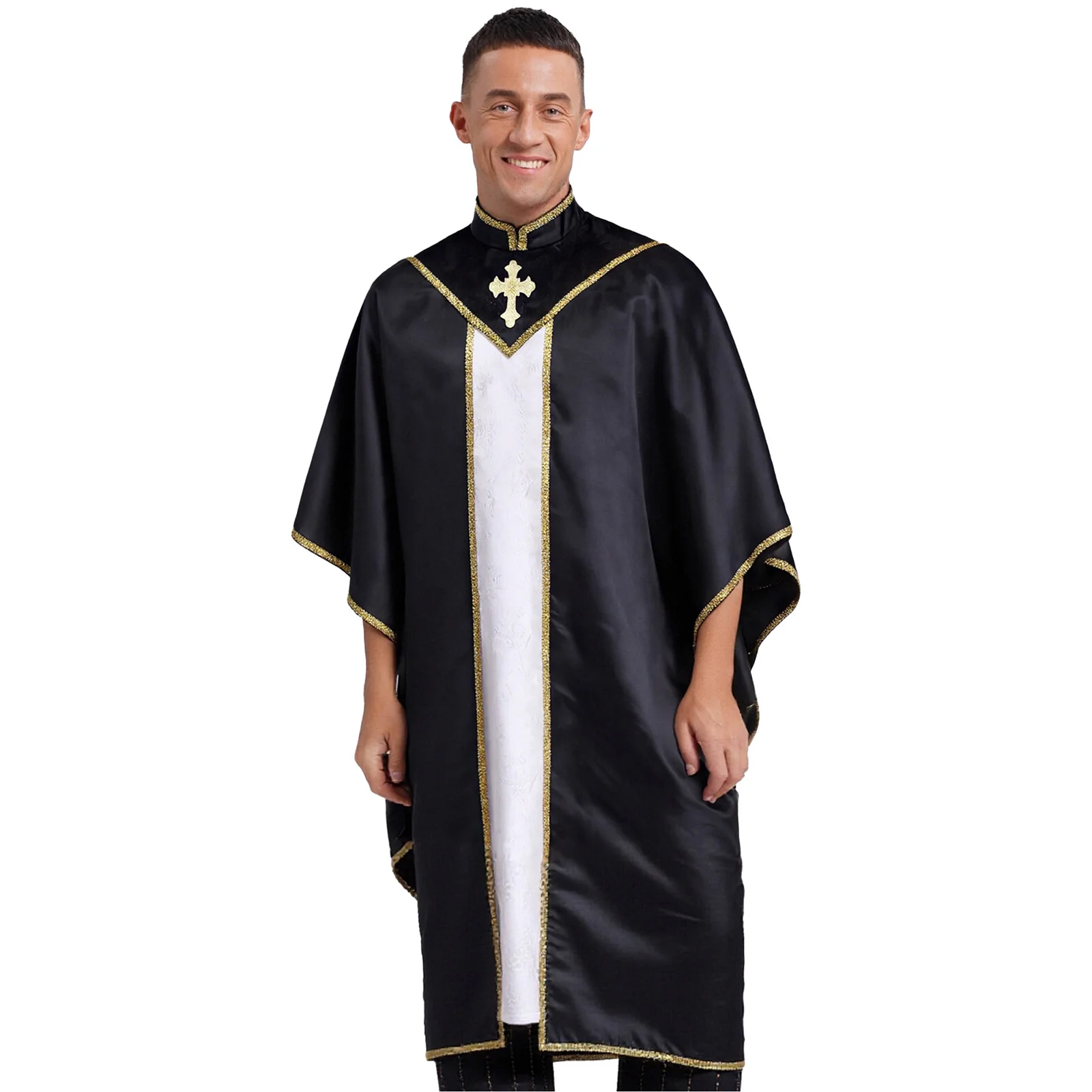 Elegant Clergy Chasuble Gown for Men with Gold Cross Embroidery And Stand Collar Design Long Robe for Church Cultural Activities
Elegant Clergy Chasuble Gown for Men with Gold Cross Embroidery And Stand Collar Design Long Robe for Church Cultural Activities
