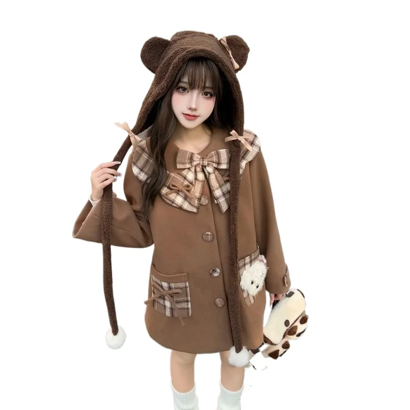 Loveliness Coffee Puppy, Autumn and Winter Korean Atmosphere Plaid Long-sleeved Woolen Coat Women's Japanese Coffee Bow Coat
Loveliness Coffee Puppy, Autumn and Winter Korean Atmosphere Plaid Long-sleeved Woolen Coat Women's Japanese Coffee Bow Coat