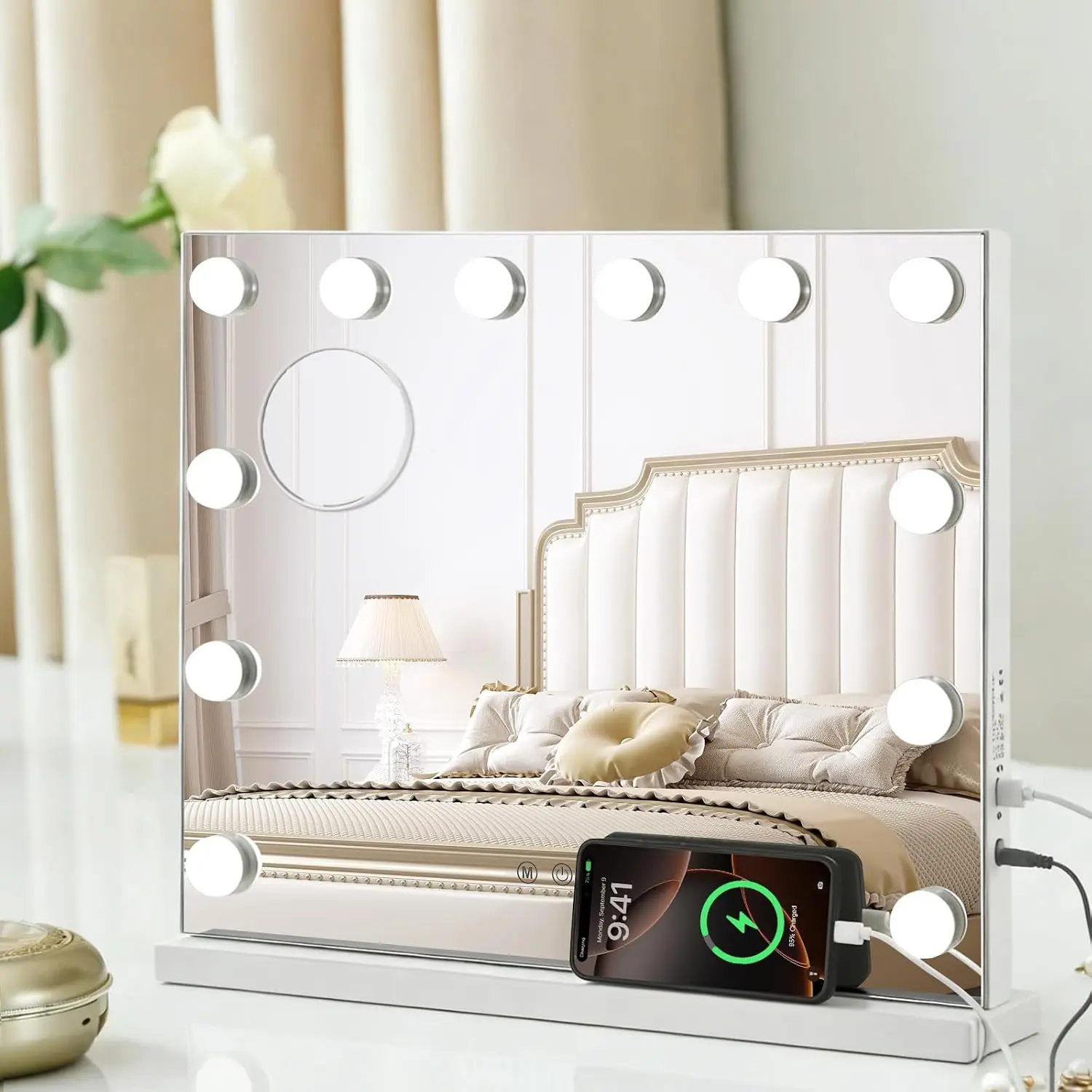19.7x16.5 Hollywood Vanity Mirror with 12 Dimmable LED Bulbs, 3 Color Modes & 10X Magnification, Tabletop/Wall-Mounted
19.7x16.5 Hollywood Vanity Mirror with 12 Dimmable LED Bulbs, 3 Color Modes & 10X Magnification, Tabletop/Wall-Mounted