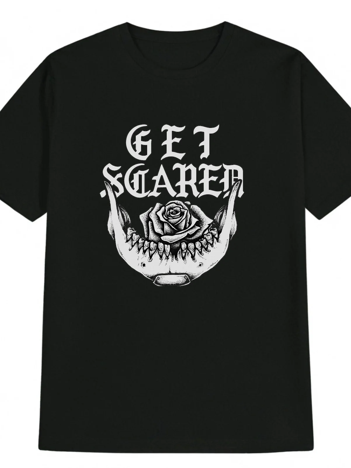 Men's Casual Graphic T-Shirt with Skull & Rose Print & "GET SCARED" Lettering - Lightweight 180gsm, Regular Fit Round Neck
Men's Casual Graphic T-Shirt with Skull & Rose Print & "GET SCARED" Lettering - Lightweight 180gsm, Regular Fit Round Neck