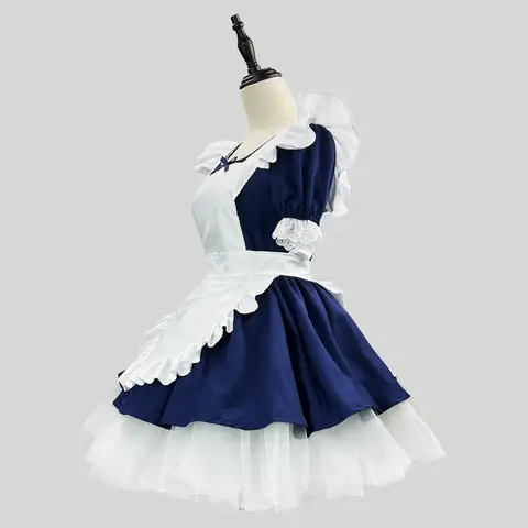 スイートブルーホワイトメイドロリータドレス 2 オプションあり/なし 36 センチメートルペチコートエプロンヘッドバンドコスプレ衣装 S-5XL