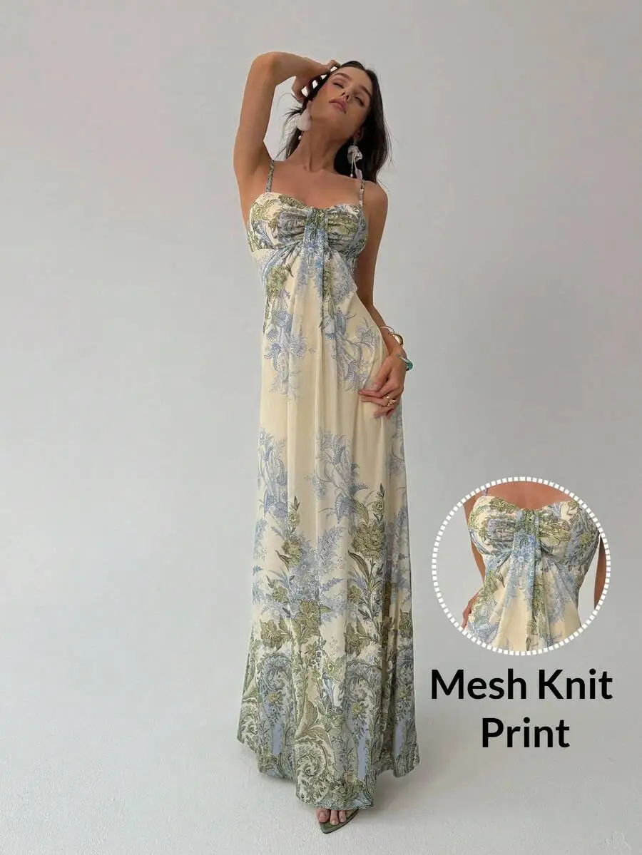 Women's Floral Print Sleeveless Maxi Dress with Knotted Bust Detail
Women's Floral Print Sleeveless Maxi Dress with Knotted Bust Detail