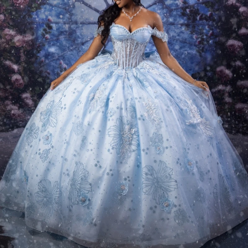 Sky Blue Shiny Ball Gown Quinceanera Dresses Sequin Applique Flower Beading Crystal Tull Bow Corset Off Shoulder Sweet 16 Dress
Sky Blue Shiny Ball Gown Quinceanera Dresses Sequin Applique Flower Beading Crystal Tull Bow Corset Off Shoulder Sweet 16 Dress