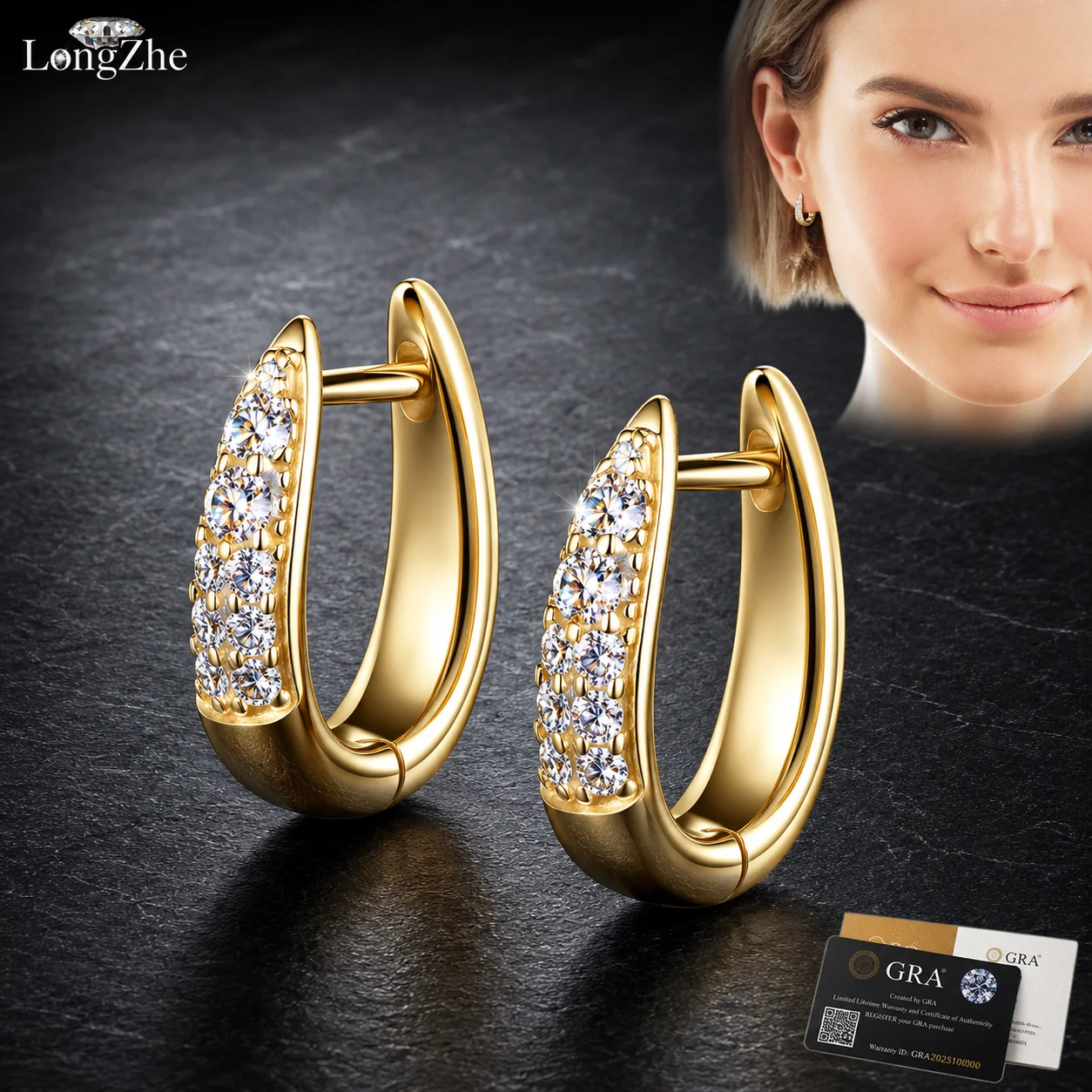 LongZhe 925 Sterling Silver Moissanite Huggie Hoop Earrings For Women U Shape Hoop Gold White Color Jewelry Gift GRA Certificate
LongZhe 925 Sterling Silver Moissanite Huggie Hoop Earrings For Women U Shape Hoop Gold White Color Jewelry Gift GRA Certificate