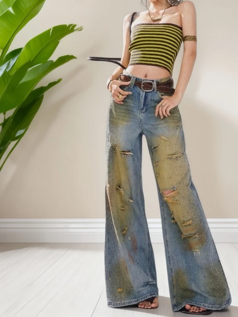 Retro High Waist Wide Leg Jeans Women's Casual Washed Denim Pants Fashionable Torn Diamond Embellished Slimming Long Trousers
Retro High Waist Wide Leg Jeans Women's Casual Washed Denim Pants Fashionable Torn Diamond Embellished Slimming Long Trousers