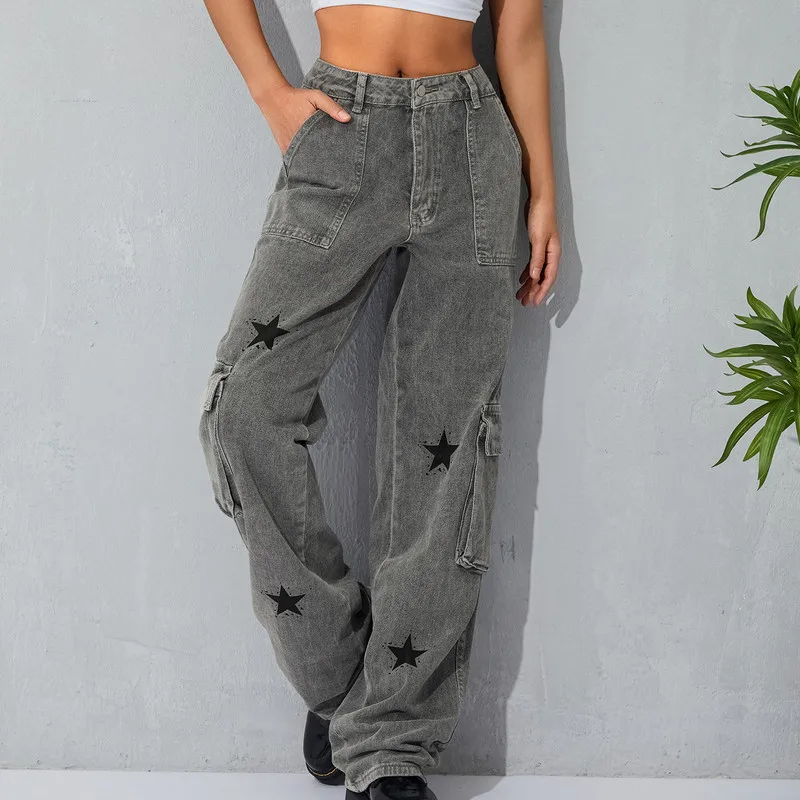 Women Straight Denim Cargo Pants Autumn Winter Clothes Big Pockets Star Print Long Pants Street Casual Trousers Streetwear
Women Straight Denim Cargo Pants Autumn Winter Clothes Big Pockets Star Print Long Pants Street Casual Trousers Streetwear