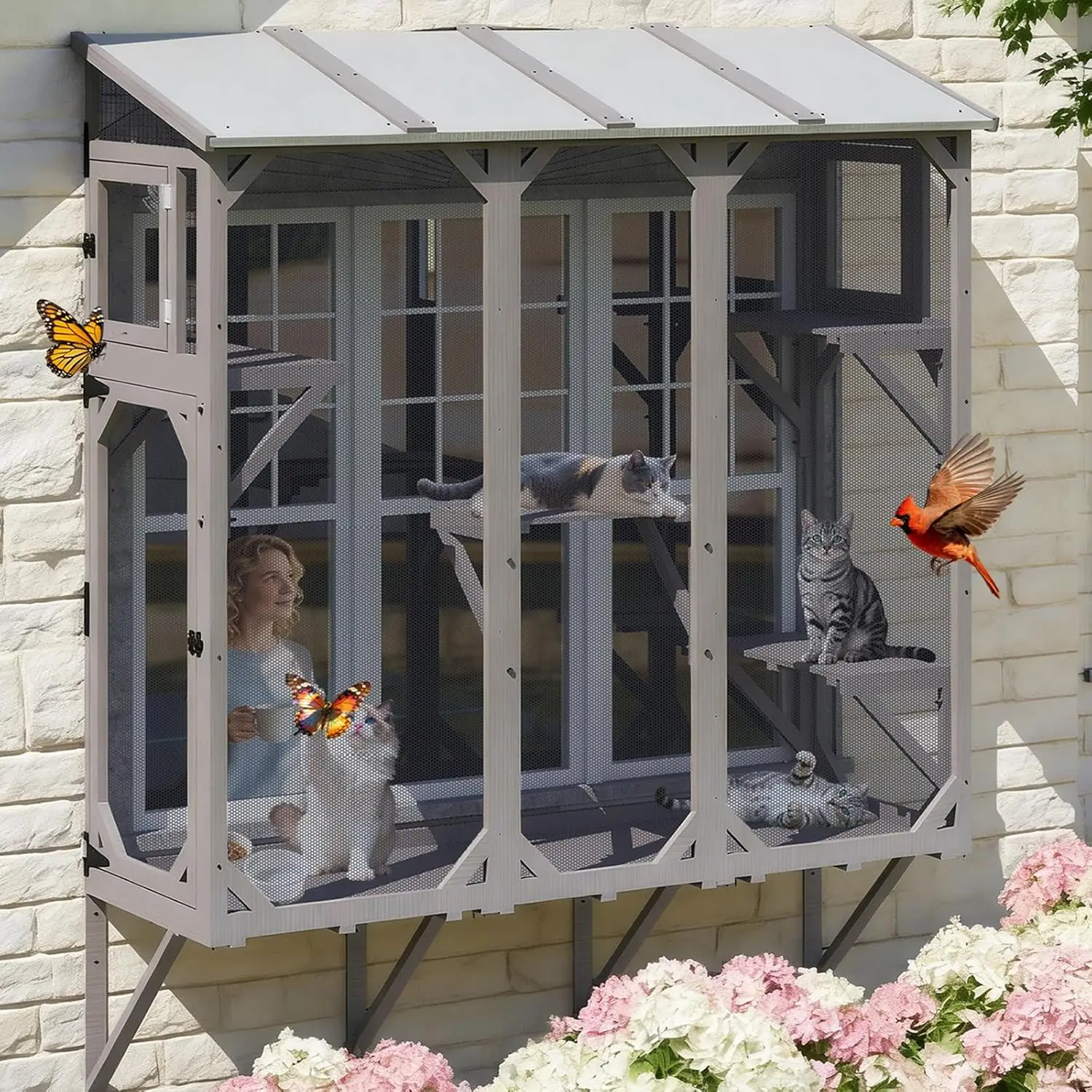 Cat Window Box Wooden Window Catio for Indoor Cats, Cat Enclosure with 4 Platforms & 3 Doors, Wall-Mounted Perch
Cat Window Box Wooden Window Catio for Indoor Cats, Cat Enclosure with 4 Platforms & 3 Doors, Wall-Mounted Perch
