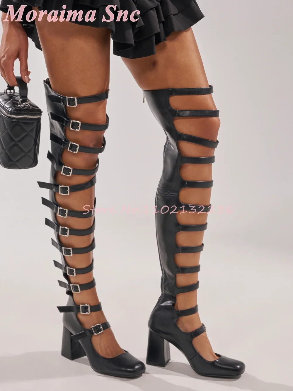 Black Multi-Buckle Gladiator Knee High Boots Sandals Round Toe with Cut-Out Strappy Design Chunky Block Heel Back Zipper Edgy
Black Multi-Buckle Gladiator Knee High Boots Sandals Round Toe with Cut-Out Strappy Design Chunky Block Heel Back Zipper Edgy