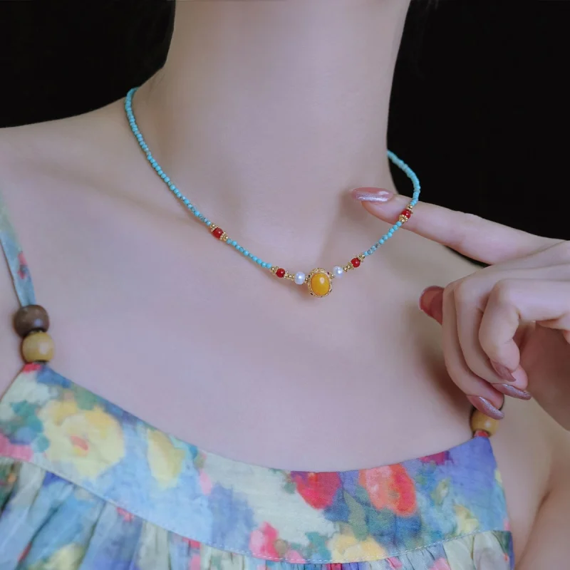 New Arrival Vintage Blue Turquoise And Beeswax Natural Freshwater Pearl 14K Gold Filled Female Chain Necklaces Jewelry For Women
New Arrival Vintage Blue Turquoise And Beeswax Natural Freshwater Pearl 14K Gold Filled Female Chain Necklaces Jewelry For Women