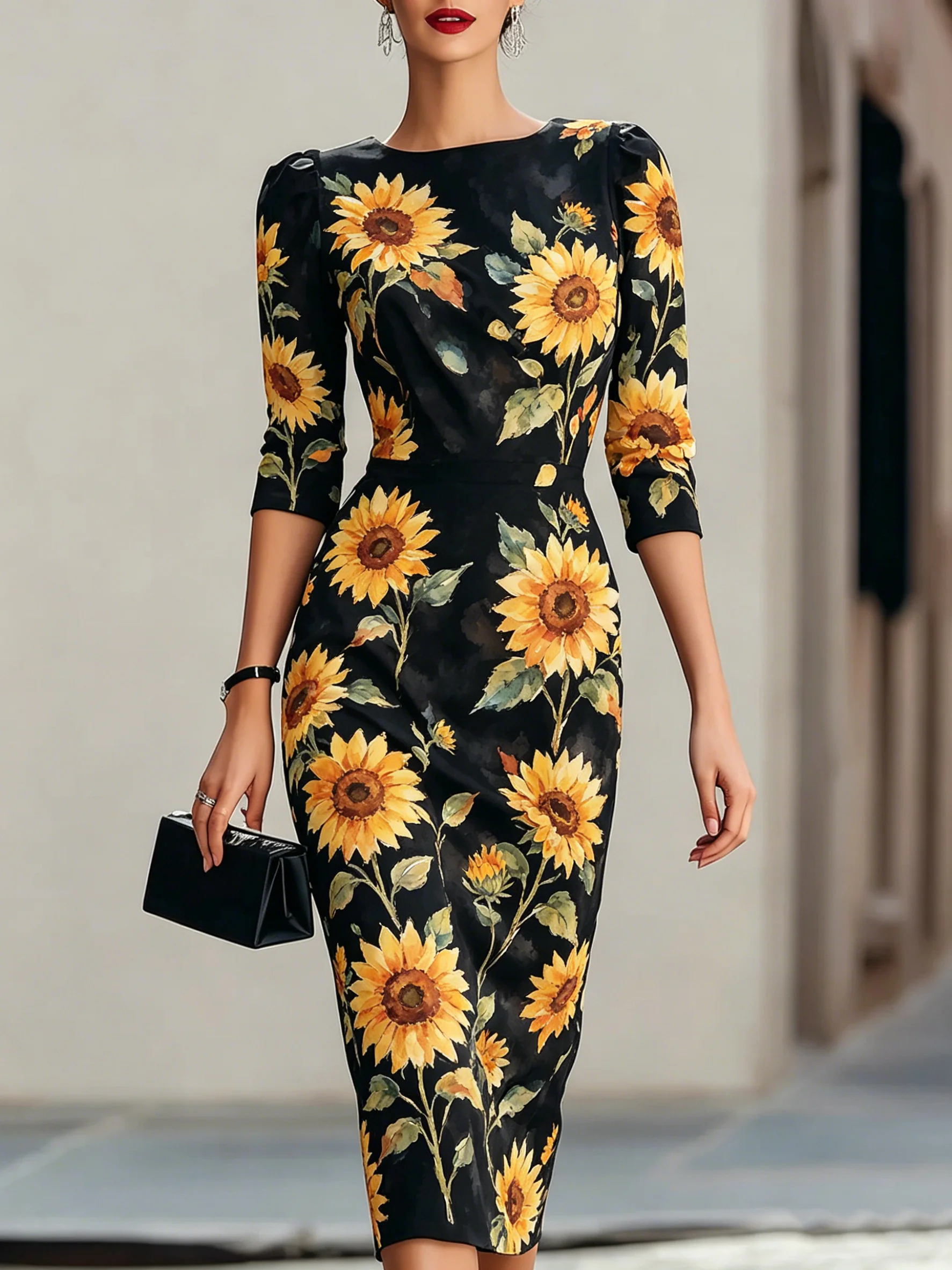 Women's Elegant Sunflower Print Bodycon Midi Dress Round Neck Puff Three Quarter Sleeve Slim Formal Party Office Pencil Dress
Women's Elegant Sunflower Print Bodycon Midi Dress Round Neck Puff Three Quarter Sleeve Slim Formal Party Office Pencil Dress