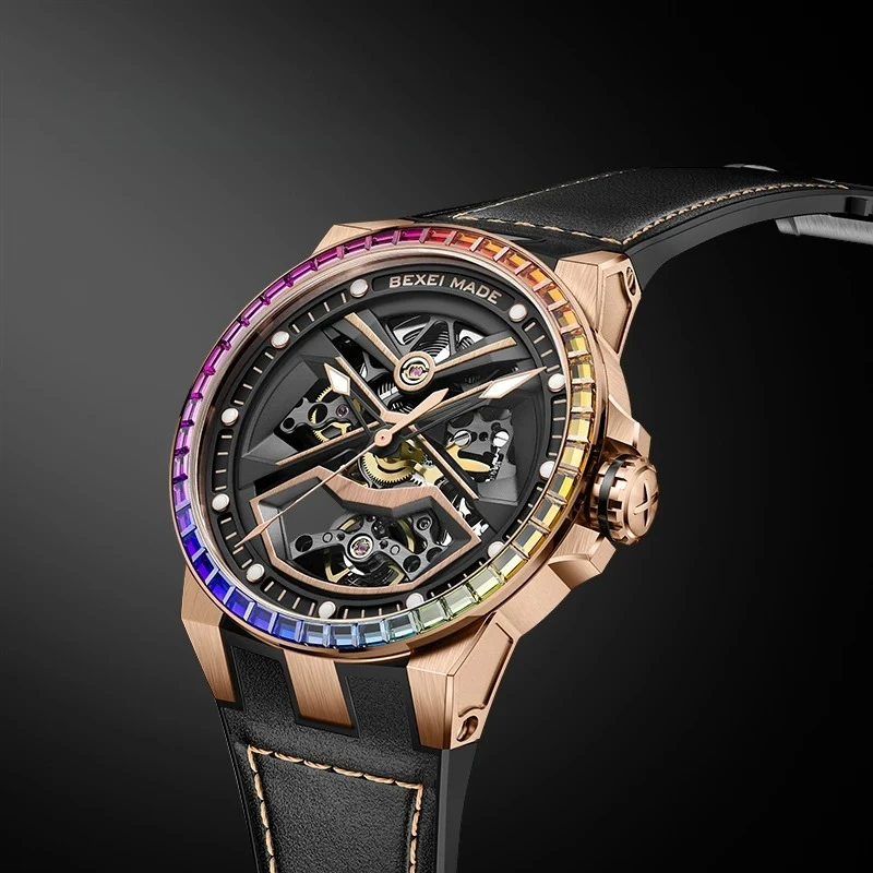 Bexei Роскошные красочные часы с бриллиантами Серия Механические автоматические часы со скелетом для мужчин Нержавеющая сталь с сапфировым стеклом
Bexei Роскошные красочные часы с бриллиантами Серия Механические автоматические часы со скелетом для мужчин Нержавеющая сталь с сапфировым стеклом