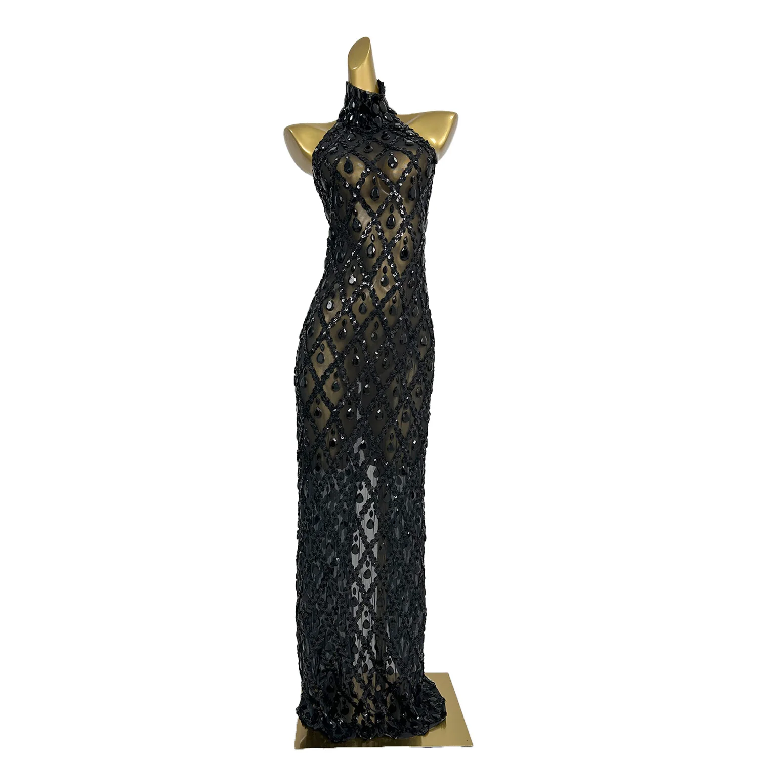 European American Sleeveless Dress Sexy Black Mesh Sequins Rhinestones Floor Length Dress Birthday Wedding Banquet Evening Dress
European American Sleeveless Dress Sexy Black Mesh Sequins Rhinestones Floor Length Dress Birthday Wedding Banquet Evening Dress
