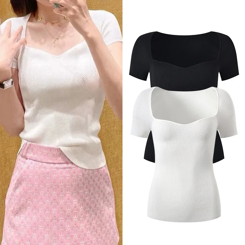 Ele Square Collar ort Sve Slim Fit Knitted T-irt Women's Base irt Gentle Top Summer 2024 New Sle Commute Sle
Ele Square Collar ort Sve Slim Fit Knitted T-irt Women's Base irt Gentle Top Summer 2024 New Sle Commute Sle
