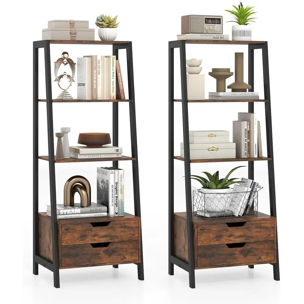 4-Tier Ladder Bookshelf with 2 Drawers, Rustic Brown, Sturdy Metal Frame, Anti-Toppling Design
4-Tier Ladder Bookshelf with 2 Drawers, Rustic Brown, Sturdy Metal Frame, Anti-Toppling Design