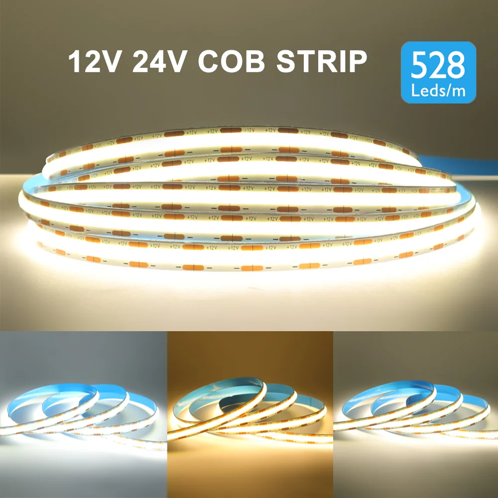 COB LED Strip Light DC12 24V Flexible Tape Ribbon 528Leds/m High Density Linear Lighting 3000-6500K RA90 Led Lights Room Decor
COB LED Strip Light DC12 24V Flexible Tape Ribbon 528Leds/m High Density Linear Lighting 3000-6500K RA90 Led Lights Room Decor
