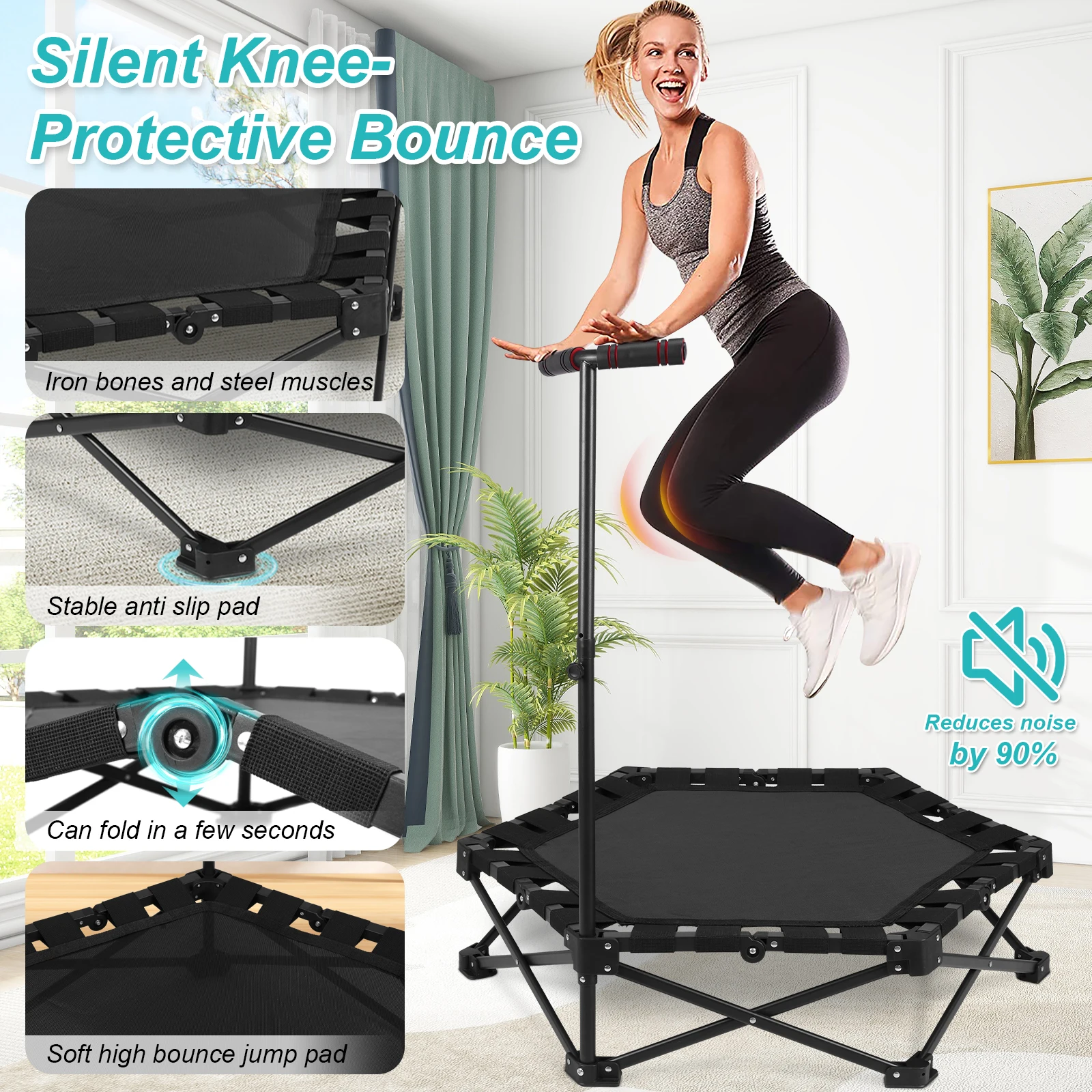 Adjustable T-Bar Trampoline One-Step Fold & Open Portable Exercising Trampoline 225kg Max Load Indoor & Outdoor Workout
Adjustable T-Bar Trampoline One-Step Fold & Open Portable Exercising Trampoline 225kg Max Load Indoor & Outdoor Workout