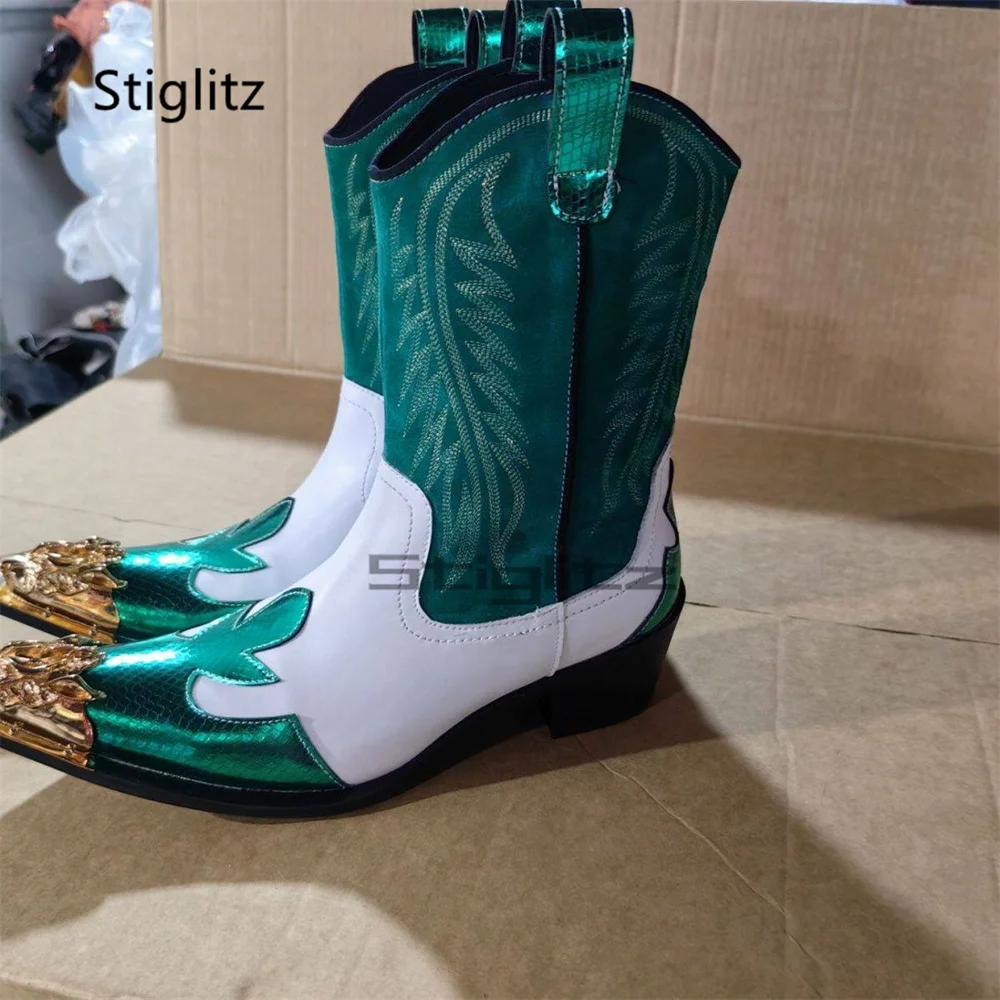 Men's Green White Embroidered Western Cowboy Boots Gold Metal Pointed Toe Cowhide Mid Calf High Heels Chelsea Boots Male Shoes
Men's Green White Embroidered Western Cowboy Boots Gold Metal Pointed Toe Cowhide Mid Calf High Heels Chelsea Boots Male Shoes
