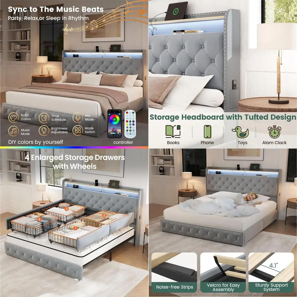 King Size Velvet LED Tufted Platform Bed with 4 Storage Drawers & USB Charging, No Box Spring Needed, Easy Assembly, Bluish Grey
King Size Velvet LED Tufted Platform Bed with 4 Storage Drawers & USB Charging, No Box Spring Needed, Easy Assembly, Bluish Grey