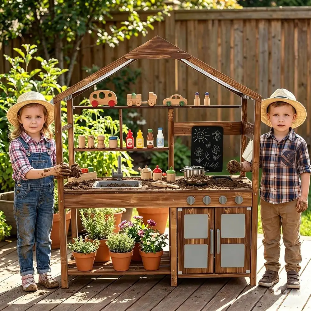 Children's Outdoor Wooden Play Kitchen with Chalkboard, Stove, Sink, Accessories, and Storage for Ages 3+
Children's Outdoor Wooden Play Kitchen with Chalkboard, Stove, Sink, Accessories, and Storage for Ages 3+