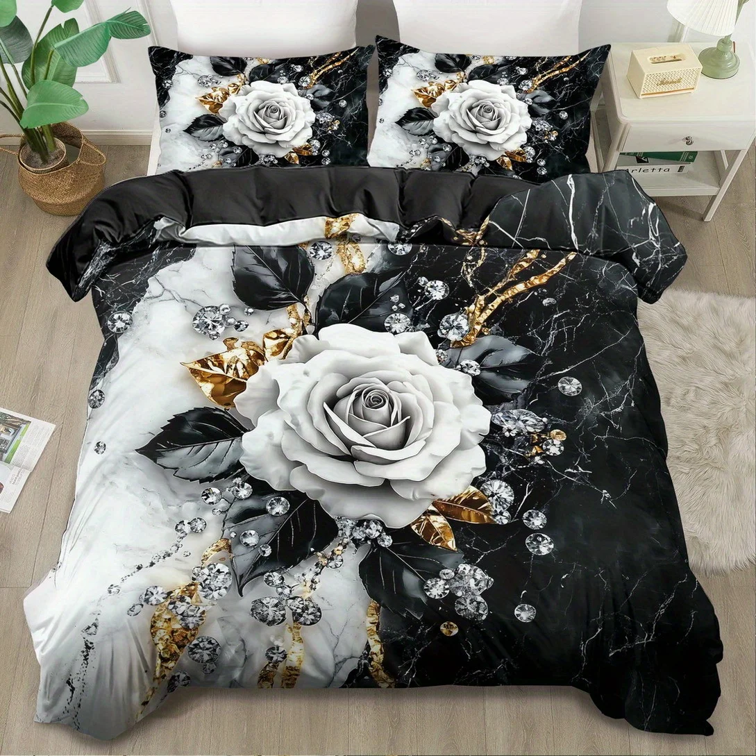 Комплект постельного белья из черного мраморного материала с белыми розами, роскошный комплект с 3D-принтом, пододеяльник, наволочка, нескользящий, прочный, для декора спальни
Комплект постельного белья из черного мраморного материала с белыми розами, роскошный комплект с 3D-принтом, пододеяльник, наволочка, нескользящий, прочный, для декора спальни