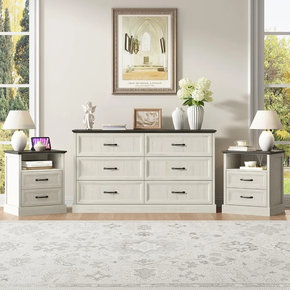 Modern 3-Piece Bedroom Furniture Set: 6-Drawer Wood Dresser and Pair of Nightstands
Modern 3-Piece Bedroom Furniture Set: 6-Drawer Wood Dresser and Pair of Nightstands