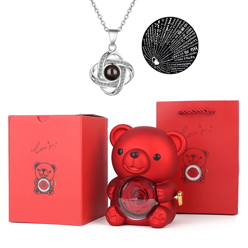Mini Cute Eternal Rose Bear Jewelry Box Exquisite Portable 100 Languages "I Love You" Necklace Valentine's Day Birthday Gift
Mini Cute Eternal Rose Bear Jewelry Box Exquisite Portable 100 Languages "I Love You" Necklace Valentine's Day Birthday Gift