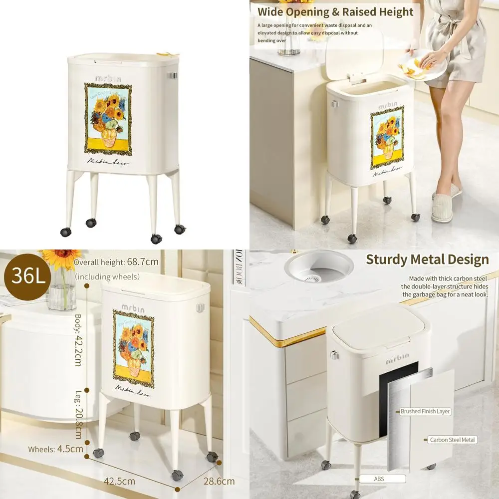 Тонкий кухонный мусорный бак на колесиках объемом 36 л с пресс-крышкой, устойчивый к домашним животным, идеально подходит для домашнего использования в различных помещениях, дизайн подсолнечника
Тонкий кухонный мусорный бак на колесиках объемом 36 л с пресс-крышкой, устойчивый к домашним животным, идеально подходит для домашнего использования в различных помещениях, дизайн подсолнечника