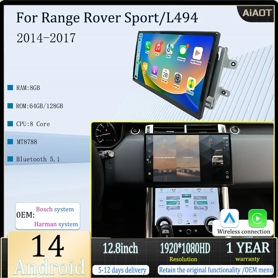 12.8 "Android 14 Car Multimedia Radio is compatible with Land Rover Sport L494 GPS wireless Carplay Bosch Harman system AC Panel
12.8 "Android 14 Car Multimedia Radio is compatible with Land Rover Sport L494 GPS wireless Carplay Bosch Harman system AC Panel
