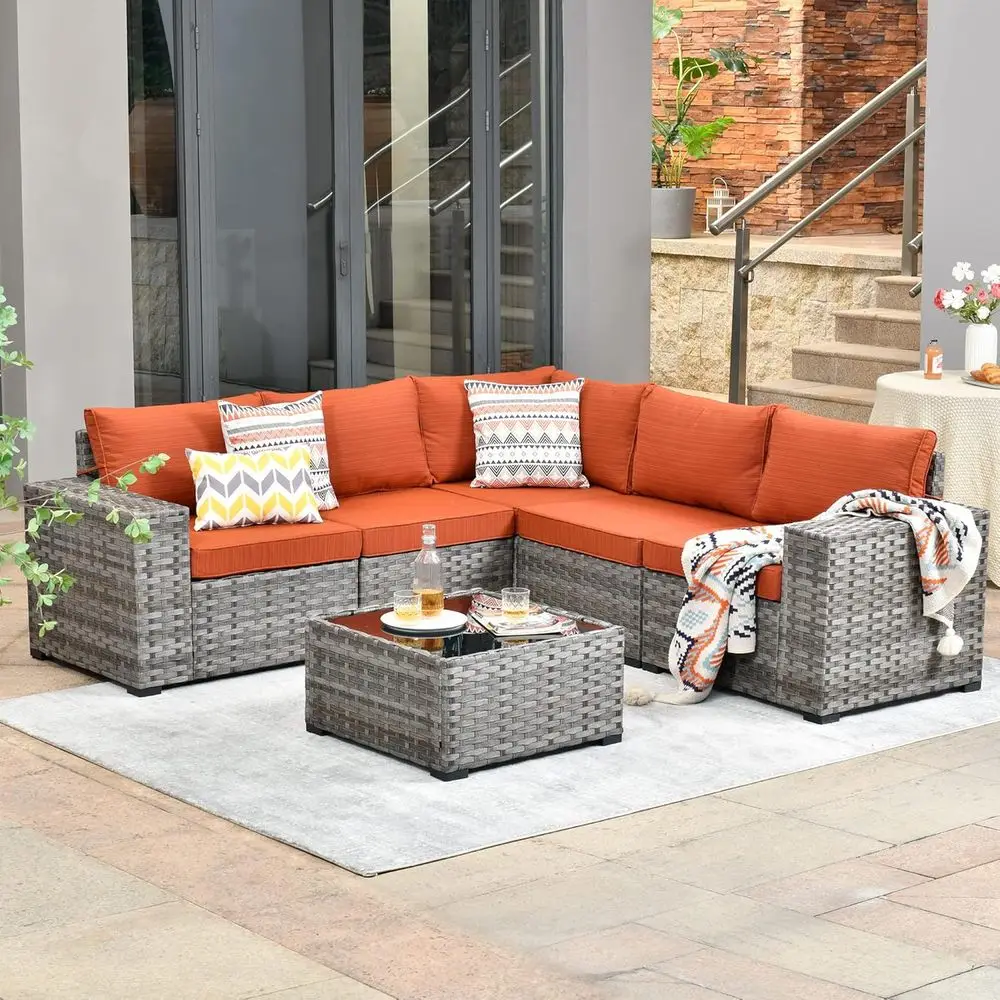 6-Piece Outdoor Wicker Sectional Sofa Set with Wide Arms, All-Weather Patio Furniture in Orange Red
6-Piece Outdoor Wicker Sectional Sofa Set with Wide Arms, All-Weather Patio Furniture in Orange Red