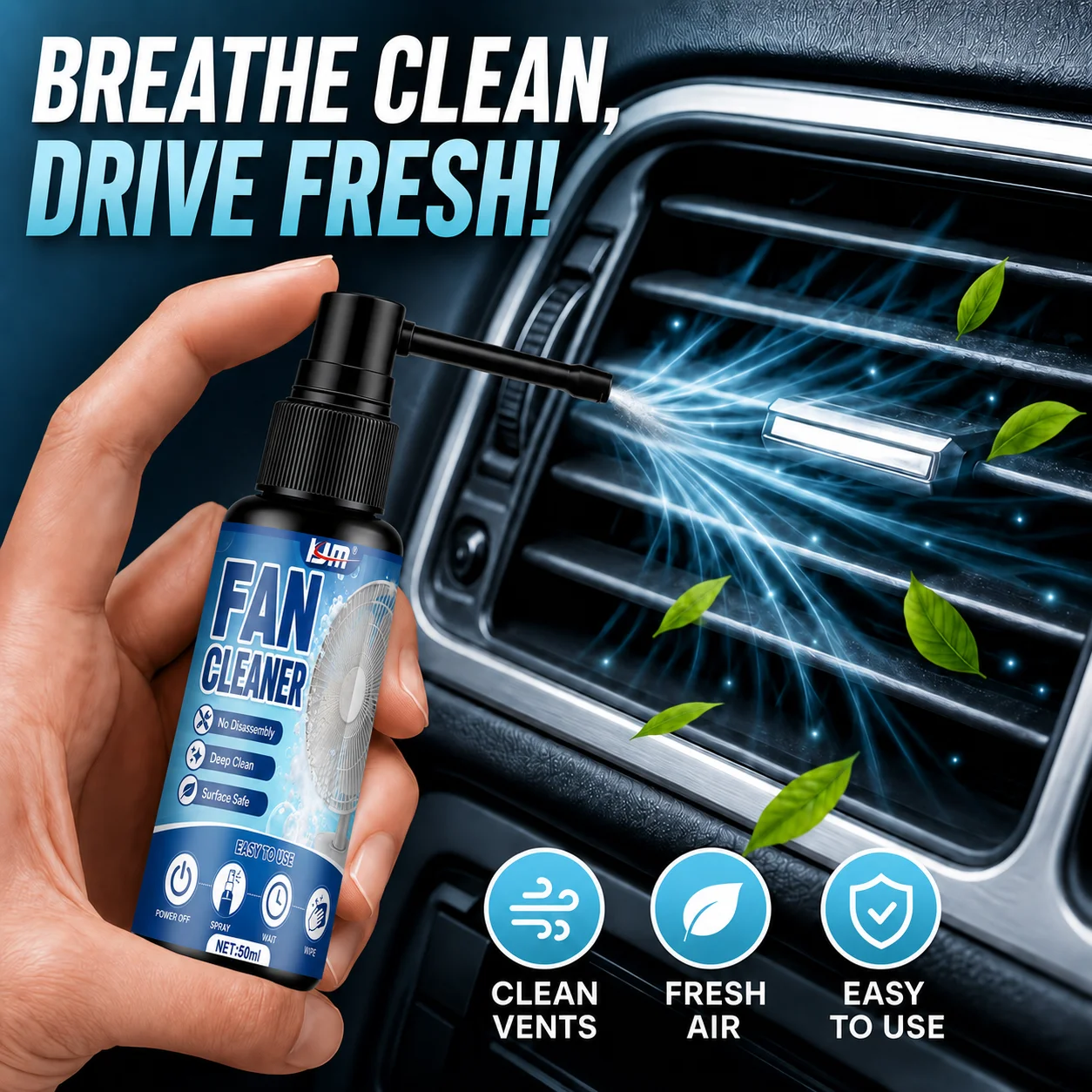 KJM Dual Spray Nozzle Car AC Fan Cleaner Spray 50ml Fast Deep Clean Dust Odor Remover Freshener For Auto Air Vent Household Fans
KJM Dual Spray Nozzle Car AC Fan Cleaner Spray 50ml Fast Deep Clean Dust Odor Remover Freshener For Auto Air Vent Household Fans