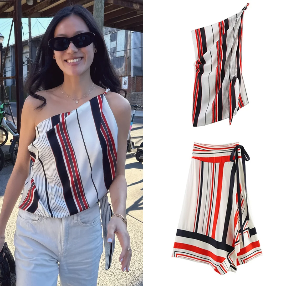 Fashion Stripe Asymmetrical Top And Lace-up Long Skirt Two Piece Set 2025 New Fashion Tank + Skirt Summer Vacation Women Set
Fashion Stripe Asymmetrical Top And Lace-up Long Skirt Two Piece Set 2025 New Fashion Tank + Skirt Summer Vacation Women Set