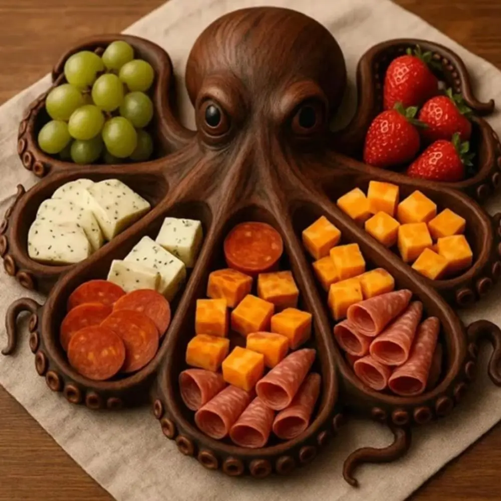 Wooden Octopus Serving Tray Unique Tray Decoration Octopus Food Platter Novelty Partition Octopus Charcuterie Boards Party Food 
Wooden Octopus Serving Tray Unique Tray Decoration Octopus Food Platter Novelty Partition Octopus Charcuterie Boards Party Food