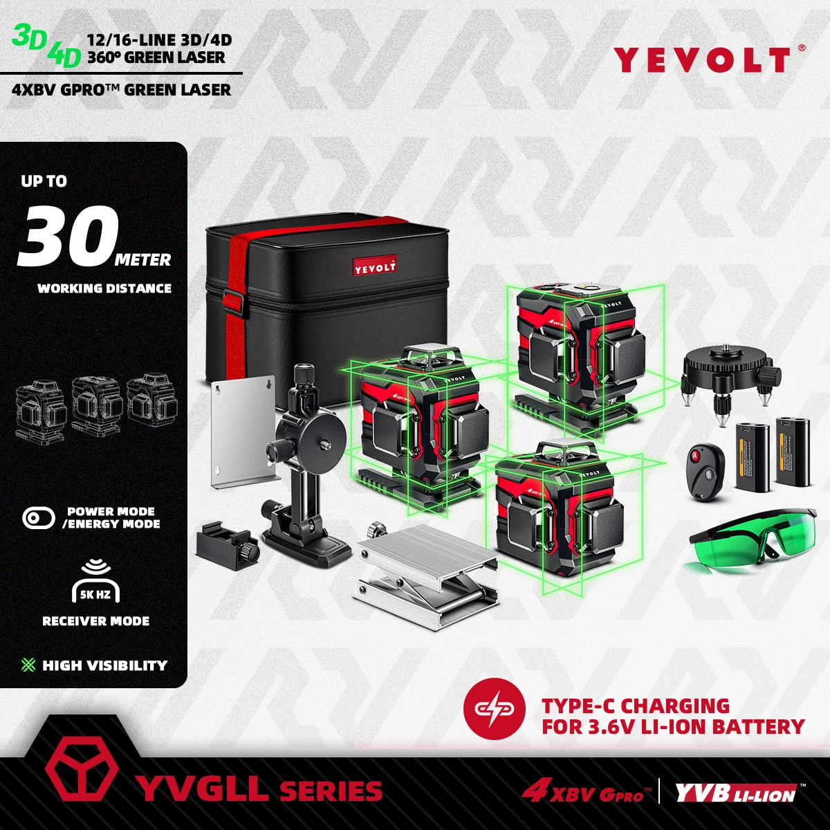 YEVOLT YVGLL4XS-Series Green Laser Level 3/4-Plane 12/16-Line Self-leveling 360 3D/4D Horizontal & Vertical Line Measuring Tool
YEVOLT YVGLL4XS-Series Green Laser Level 3/4-Plane 12/16-Line Self-leveling 360 3D/4D Horizontal & Vertical Line Measuring Tool