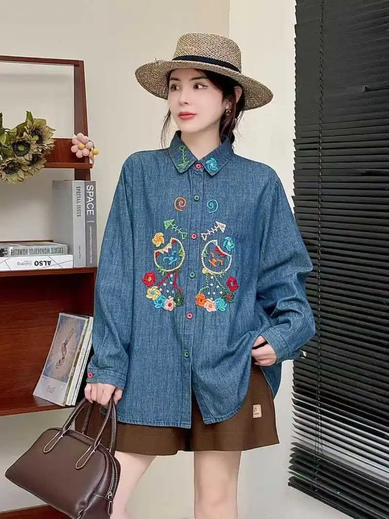 High Quality Women 100% Cotton Blouse Shirt Autumn New Embroidered Cat Denim Blue Blouses Head Wash Long Sleeve Cardigan Top
High Quality Women 100% Cotton Blouse Shirt Autumn New Embroidered Cat Denim Blue Blouses Head Wash Long Sleeve Cardigan Top