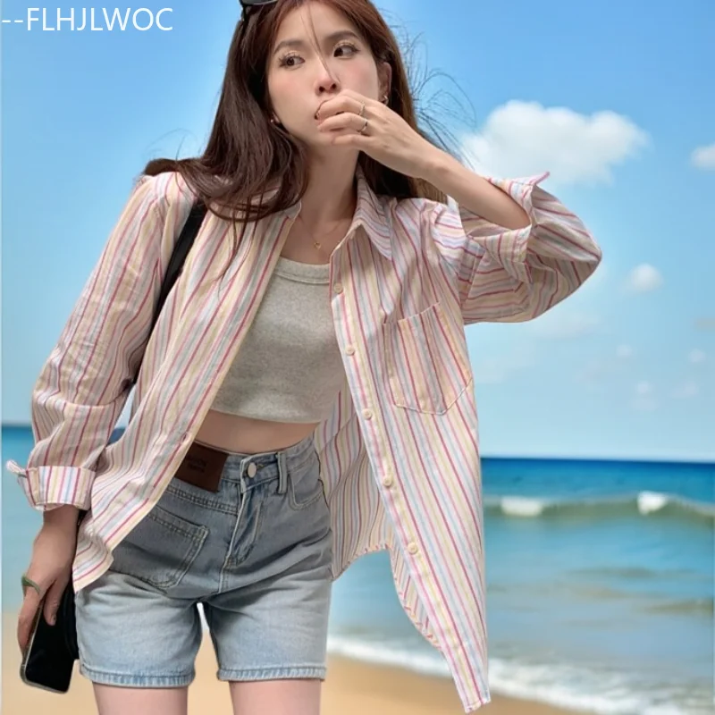 Cotton Tops Blouse Korea Japan Style Women Summer Long Sleeve Retro Vintage Button Casual Cute Girls Thin Pink Striped Shirts
Cotton Tops Blouse Korea Japan Style Women Summer Long Sleeve Retro Vintage Button Casual Cute Girls Thin Pink Striped Shirts