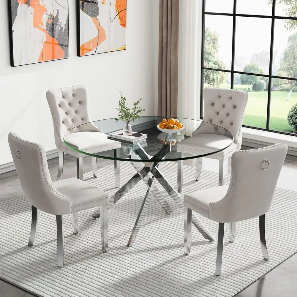 Round Glass Dining Table Set with 4 Chairs, 47 Diameter, Silver Metal Legs, Modern Kitchen Table and Chairs
Round Glass Dining Table Set with 4 Chairs, 47 Diameter, Silver Metal Legs, Modern Kitchen Table and Chairs