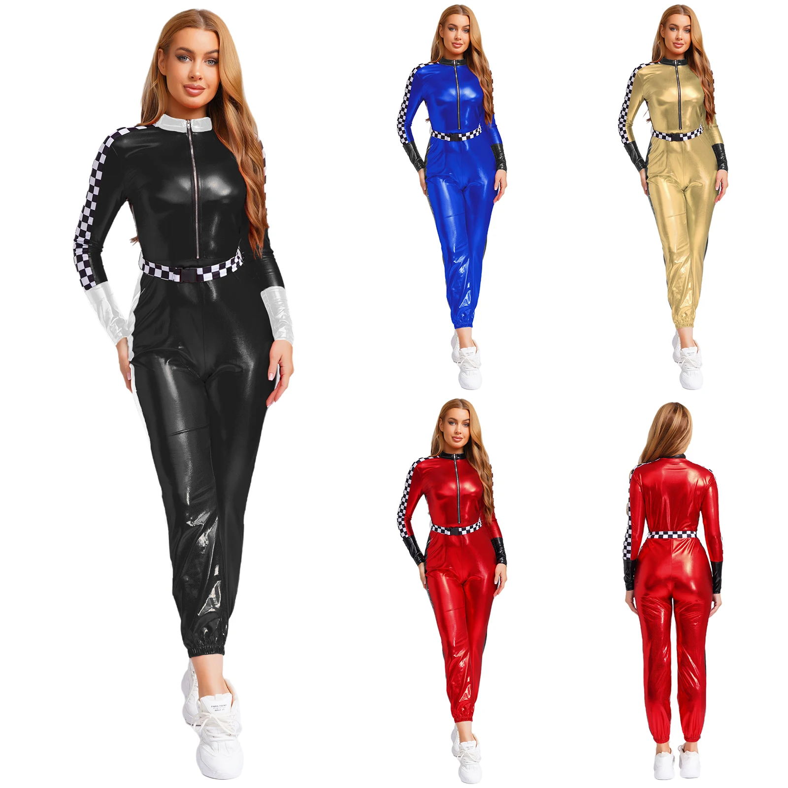 Fashion Women's Metallic Racer Driving Outfits Jumpsuits Long Sleeve Shiny Racer Car Speeding Competition Playsuit Costume
Fashion Women's Metallic Racer Driving Outfits Jumpsuits Long Sleeve Shiny Racer Car Speeding Competition Playsuit Costume