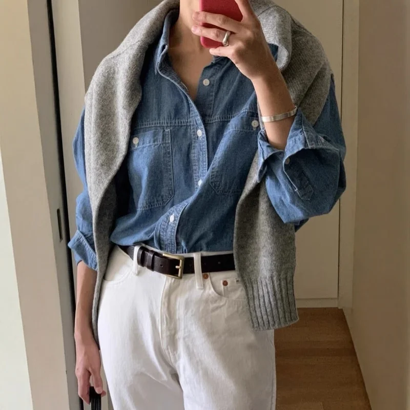Waed Blue Cotton Denim irt Casual Versatile Thin Sle Korean Love Highly Recommended Women's Spring Faion Pure Color
Waed Blue Cotton Denim irt Casual Versatile Thin Sle Korean Love Highly Recommended Women's Spring Faion Pure Color