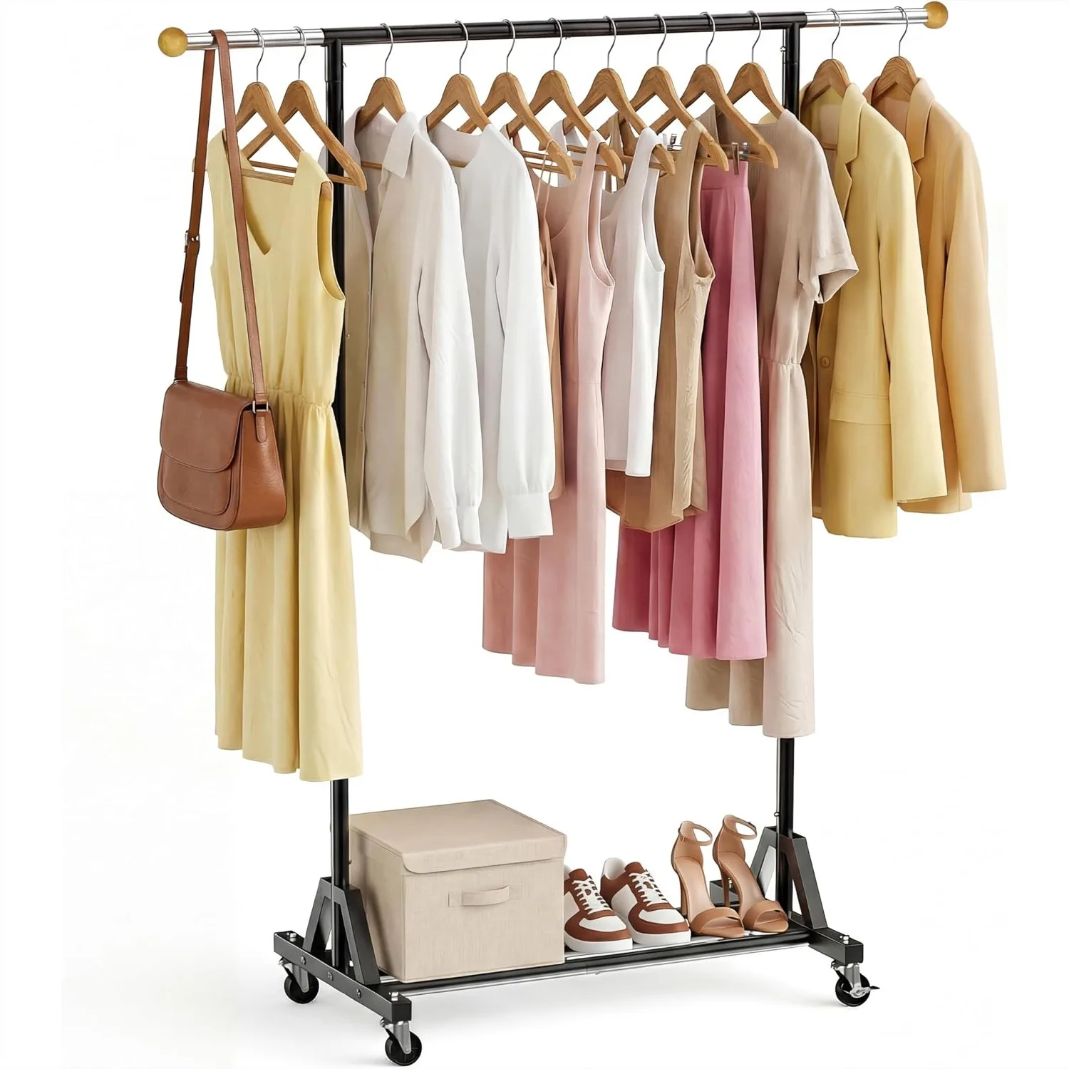 Rolling Garment Rack with Retractable Hanging Rods, Lockable Wheels and Bottom Shelf for Bedroom, Laundry & Closet
Rolling Garment Rack with Retractable Hanging Rods, Lockable Wheels and Bottom Shelf for Bedroom, Laundry & Closet