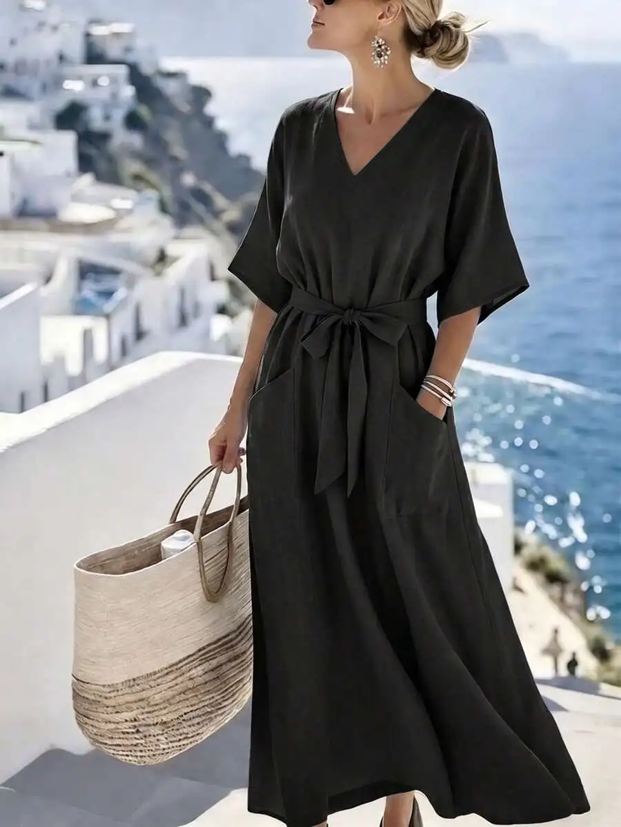Womens V-Neck Short Sleeve Loose Waist Tie Pocket Casual Midi Dress For Spring Summer Holiday Beach
Womens V-Neck Short Sleeve Loose Waist Tie Pocket Casual Midi Dress For Spring Summer Holiday Beach